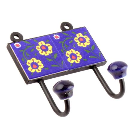Navy Blue Yellow Floral Ceramic Tiles Hooks Online